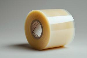 A close-up view of a clear adhesive tape roll against a soft, neutral background. photo
