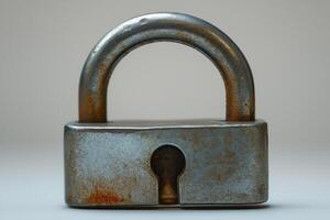 Close-up of a weathered, metallic padlock showcasing rust and textures, symbolizing security and protection. photo