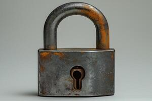 An aged and rusty metal padlock with a vintage design, symbolizing security and protection. photo