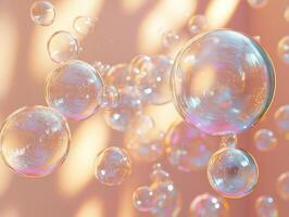 Close-up shot of colorful soap bubbles floating against a soft pastel background. photo
