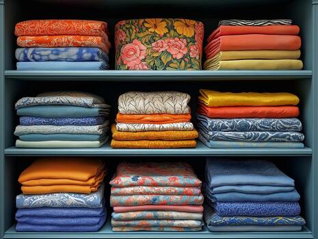 A vibrant display of neatly folded fabric, featuring floral and abstract patterns in warm and cool colors. photo