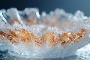 An intricate frozen structure resembling delicate waves and ice crystals, showcasing beautiful textures and a soft color palette. photo