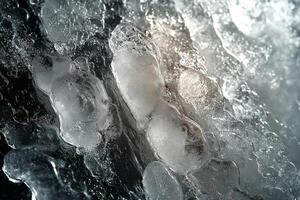 Close-up of glistening ice bubbles showcasing intricate textures and reflections. photo