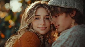 A young couple in love, with a warm embrace and natural smiles, capturing the essence of connection amidst a soft, golden backdrop. photo