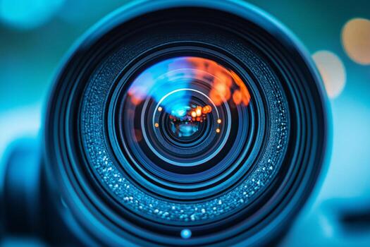 Close-up of a camera lens showcasing vibrant reflections and intricate details. photo