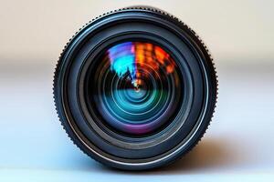 Stunning close-up of a camera lens showcasing vibrant reflections and intricate details. photo