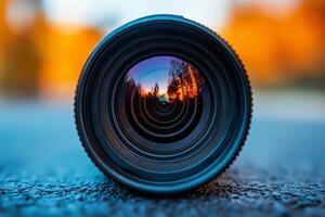 A close-up of a camera lens reflecting a vibrant sunset, showcasing intricate details and colors. photo