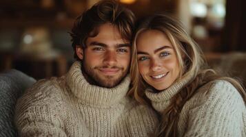 A joyful couple, a Caucasian man and woman, embrace in cozy sweaters, radiating warmth and love in a rustic, intimate setting. photo