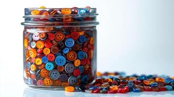 Colorful buttons in a glass jar, showcasing a vibrant assortment of hues and shapes, perfect for crafting enthusiasts. photo