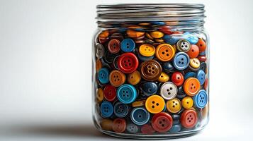 A colorful assortment of buttons in a glass jar, showcasing various shapes and hues against a clean, white backdrop. photo