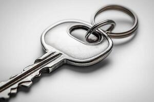 Close-up of a silver metal key attached to a keyring, reflecting light with a sleek finish. photo