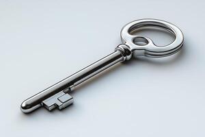 A close-up of a shiny metallic key, symbolizing security and access, against a smooth light background. photo