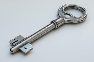 A close-up of a vintage silver key resting on a smooth surface, evoking a sense of mystery and history. photo