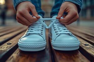 A person's hands tie the laces of white sneakers while sitting on a wooden bench. photo
