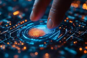 A close-up of a hand with a light skin tone interacting with a digital fingerprint sensor, illuminated with vibrant blue and orange lights. photo