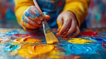 A child's hands, covered in vibrant paint, skillfully use a brush to create colorful patterns on a canvas. photo
