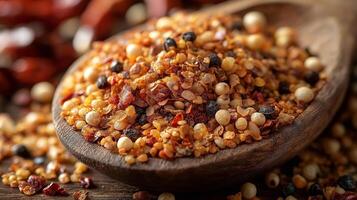 A close-up shot of colorful spice blend in a wooden spoon, showcasing various textures and hues perfect for culinary use. photo