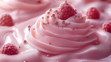 Delicious pink frosting topped with raspberries, creating an inviting dessert scene. photo