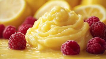 A vibrant display of creamy lemon curd topped with fresh raspberries, creating a delightful and colorful dessert scene. photo