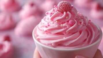 Delightful pink cupcake topped with swirls of frosting, adorned with sprinkles and berries, evoking a cheerful and sweet atmosphere. photo
