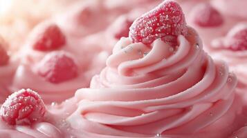 Close-up of a pink raspberry frosting topped with fresh raspberries and shimmering sugar crystals. photo