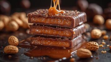 Close-up of delicious layers of chocolate bars filled with soft caramel and sprinkled with crushed nuts. photo