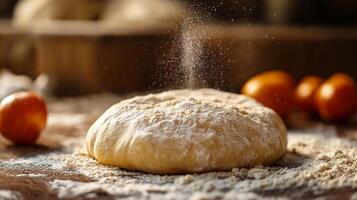 Fresh pizza dough sprinkled with flour, surrounded by vibrant tomatoes, inviting a sense of delicious anticipation. photo