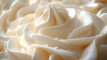 A close-up of delicate white frosting crafted into a beautiful rose design, showcasing smooth texture and glistening droplets. photo