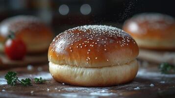 Close-up of a fresh, golden-brown hamburger bun with sesame seeds, surrounded by soft lighting and a rustic wooden backdrop. photo