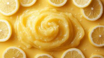 A vibrant spread of lemon curd surrounded by fresh lemon slices, showcasing a sunny yellow palette. photo