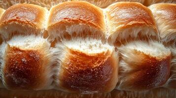 Close-up of freshly baked bread rolls, featuring a golden-brown crust and soft, fluffy interior. photo