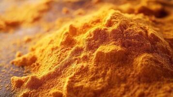 Close-up of vibrant turmeric powder, showcasing its rich golden hue and fine texture. photo