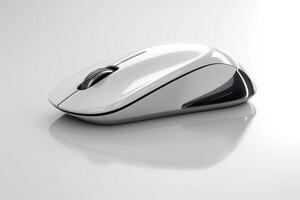 Sleek and modern white computer mouse on a reflective surface. photo