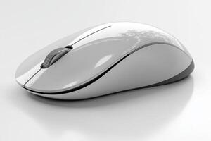 A sleek, white computer mouse sits on a smooth surface, showcasing its elegant design and modern aesthetics. photo