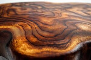 A close-up view of a beautifully crafted wooden surface showcasing intricate grain patterns and rich tones. photo