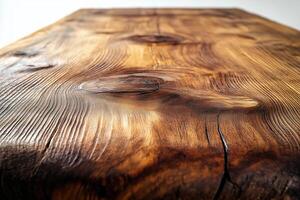 Close-up of a rustic wooden surface showcasing natural grains and textures. photo