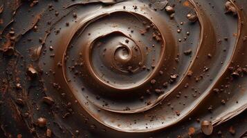 Rich, glossy chocolate swirl, highlighting textures and layers, perfect for dessert enthusiasts and food photography lovers. photo