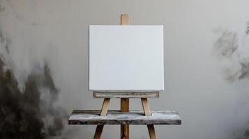 A blank canvas on a wooden easel, inviting creativity and artistic expression. photo
