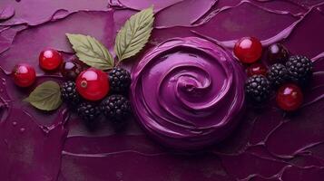 A vibrant display of rich purple fondant surrounded by fresh red currants and blackberries, creating a sumptuous and appealing dessert scene. photo