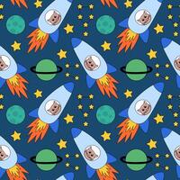 Space Seamless Pattern with Cute cat astronaut in rocket, Planets and Stars, Constellation. Background for Kids Design. Flat Illustration. vector