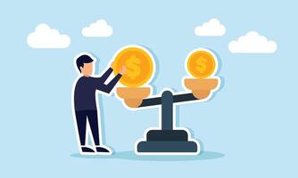 Businessman places a large dollar coin on one side of a scale causing imbalance, illustration of business investment with a significant amount vector