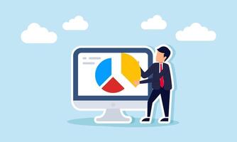 Businessman taking a piece of pie chart on a monitor screen, illustration of arranging and designing business performance reports and classifications vector