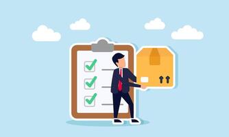 Businessman carrying a package box standing in front of a checklist board, illustration of a list of delivered packages vector