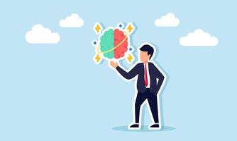 Businessman appears to present a brain that is thinking or working, illustration of a presentation related to business ideas and thoughts vector