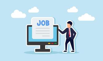 Businessman standing next to a monitor with a paper labeled JOB, illustration of data input related to job vacancy vector