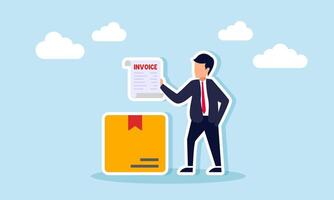 A businessman stands next to a package box carrying a document labeled INVOICE, illustration of a billing invoice document for business product purchase vector