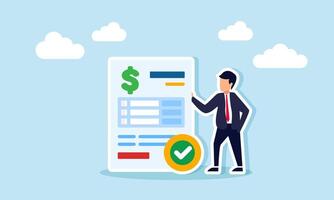 A businessman stands next to a report document marked with a dollar sign and check mark, illustration of verified proof of payment vector