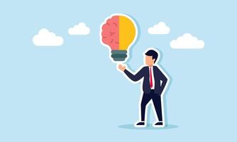 Businessman showing a light bulb partially shaped like a brain, illustration of thinking about ideas relevant to business vector