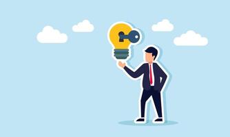 Businessman shows a light bulb with a key inserted, illustration of presenting a business idea related to solution vector