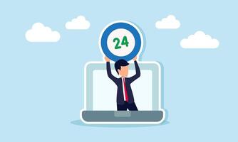 A businessman emerging from a laptop holding a sign that reads twenty four, illustration of business ready twenty four hours for service vector